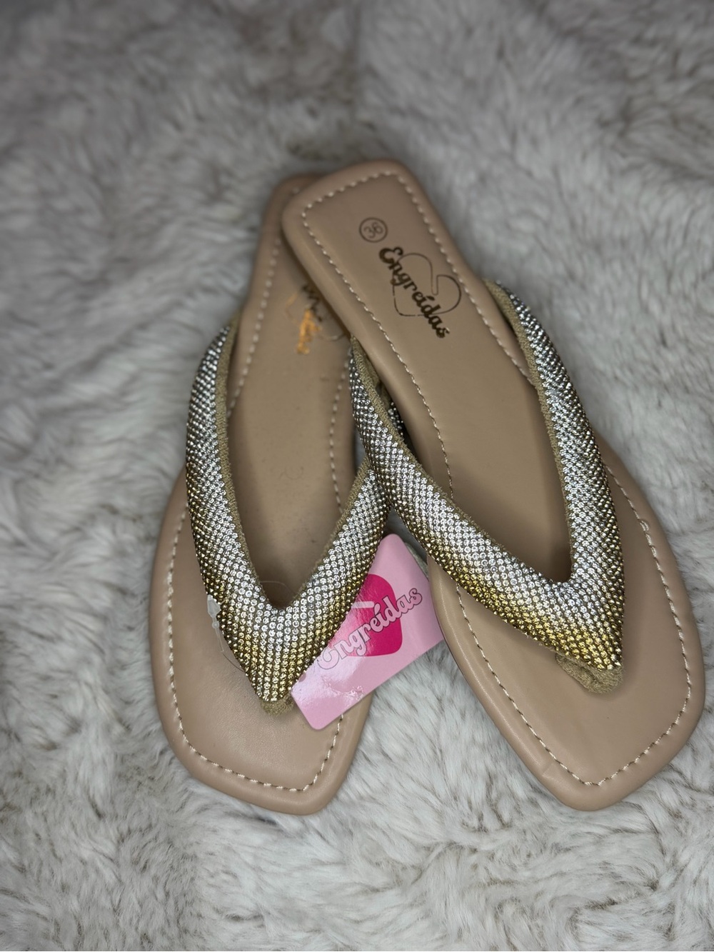 Gold-Beige Sparkle Thong Sandals for Women